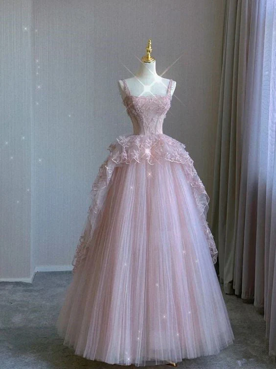 Modest Ball Gown Straps Pink Tulle Prom Dresses 22th Birthday Outfit