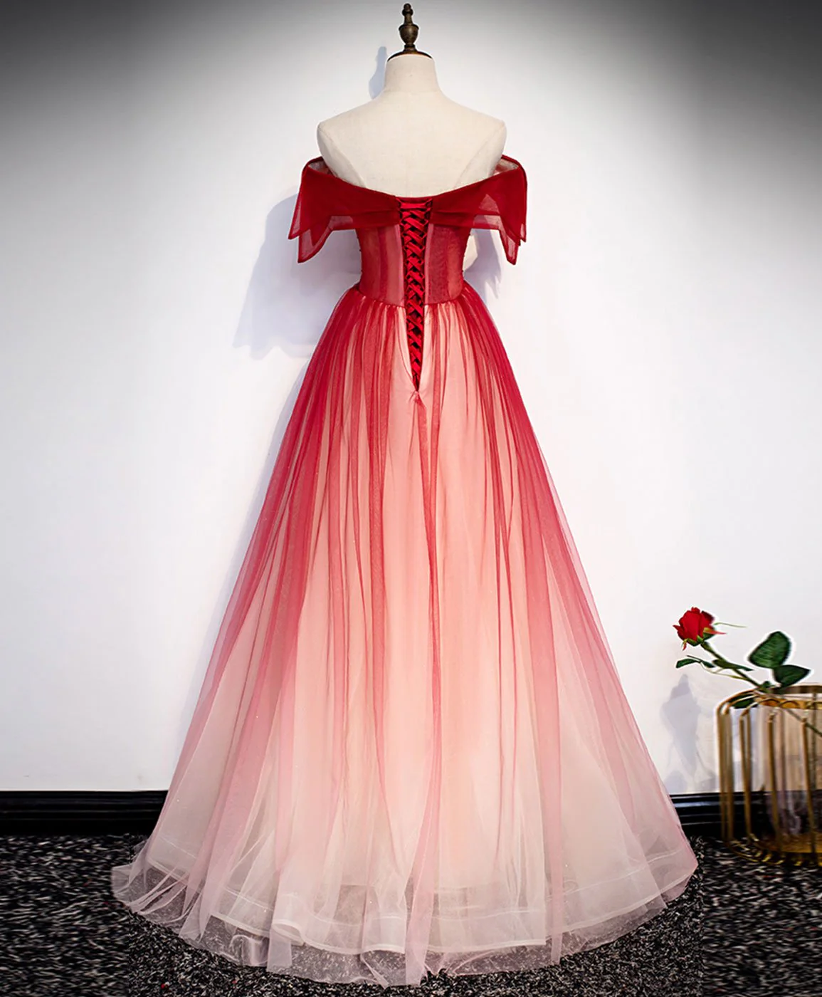 Burgundy Off Shoulder Tulle Long Prom Dress, Burgundy Formal Dress