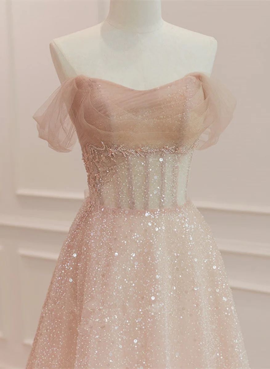 Sparkle Tulle with Beadings Long A-line Formal Dress, Tulle Sweetheart Prom Dress
