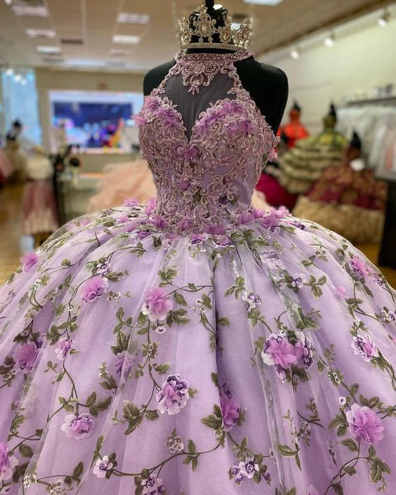 Purple A-line Ball Gown With Flowers,Purple Sweet 16 Dress