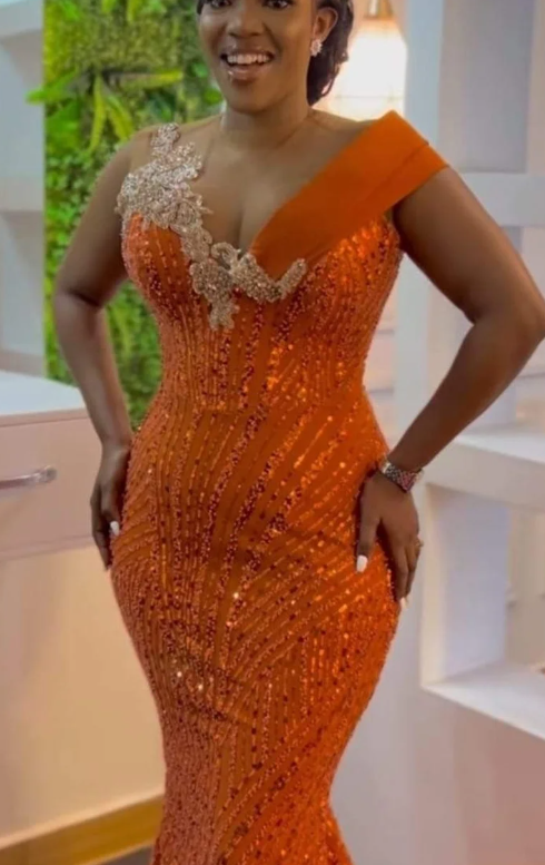 Sequined African Dress,Custom Mermaid Long Orange Evening Dress