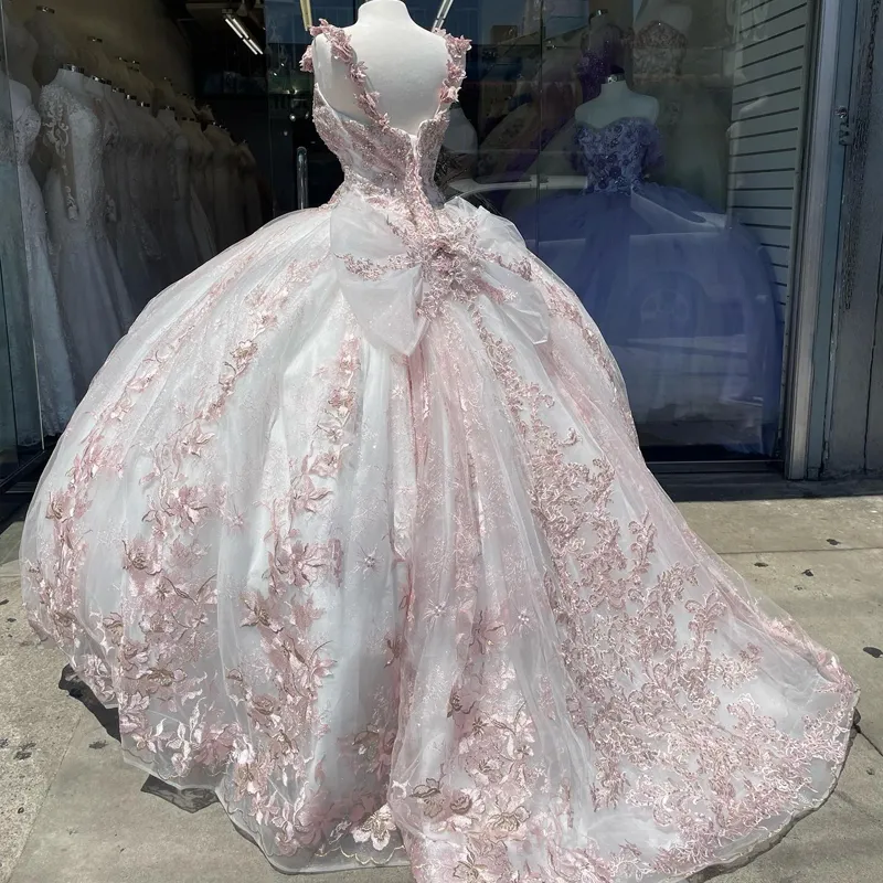 Pink Sexy V-Neck Shiny Quinceanera Dresses Beading 3DFlower Ball Gown Sleeveless Tulle Sweet Princess Vestidos De 15 Girls