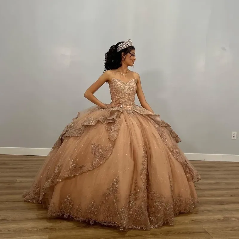 Champagne Shiny Off The Shoulder Ball Gown Quinceanera Dress Appliques Lace Beaded Birthday Party Gowns Sweet 16 vestidos