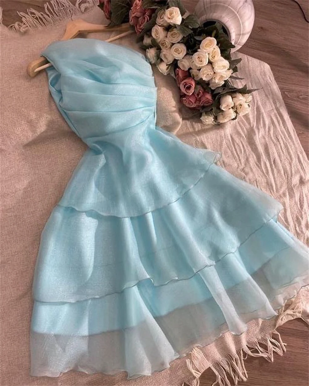 Elegant One Shoulder Party Layered Evening Dress Homecoming Dress,Blue Beach Dress