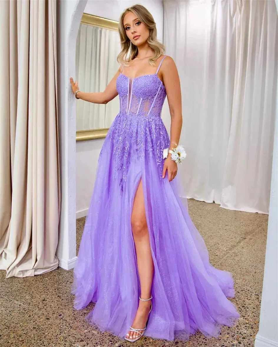 A-Line Prom Dress Spaghetti Straps Sequin Applique Tulle Evening Birthday Party Dress