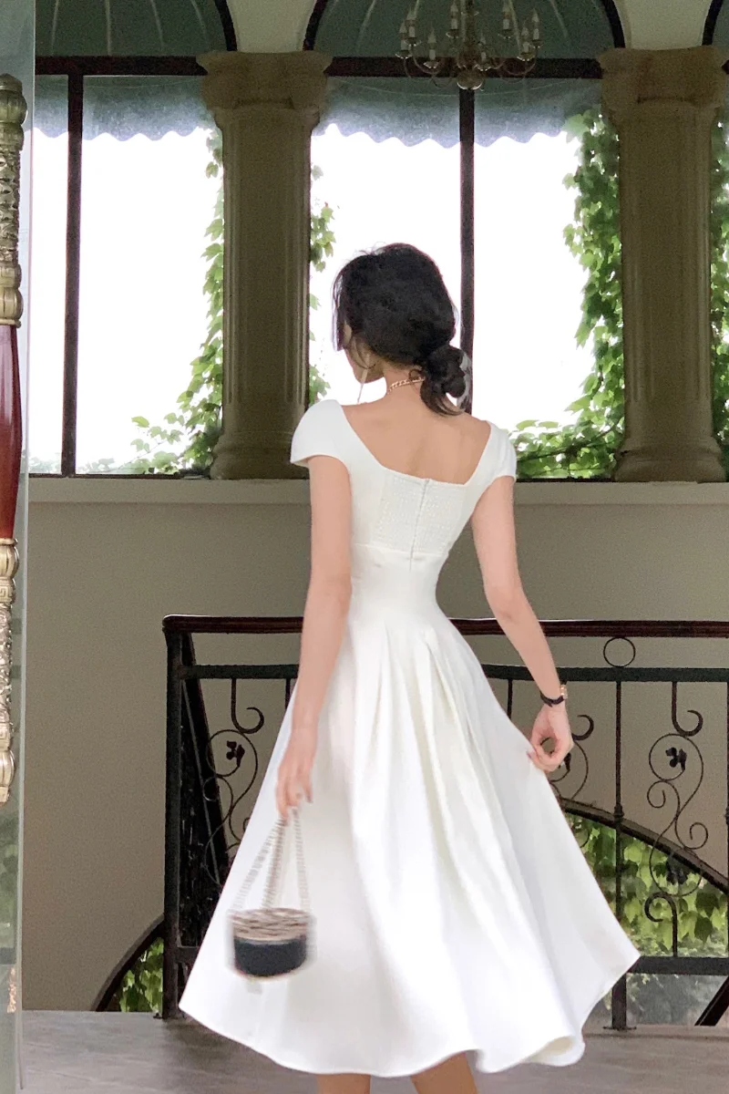 White summer dress women chic elegant square neck evening birthday party midi dress