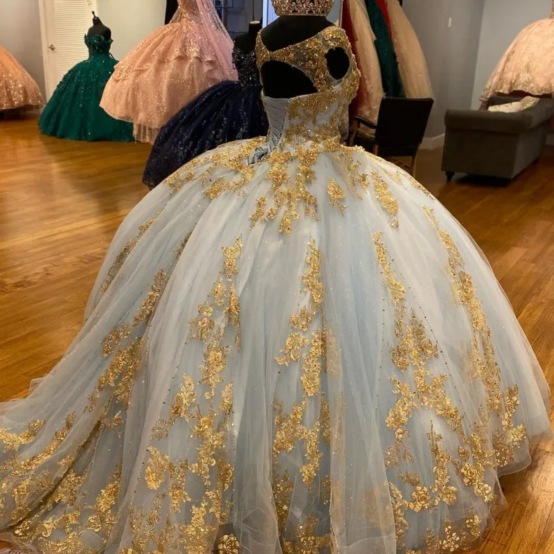 Sky Blue Sexy V-Neck Ball Gown Luxury Beaded Gold Applique Quinceanera Dresses Sleeveless Tull Princess Sweet 16 15 Vestidos De