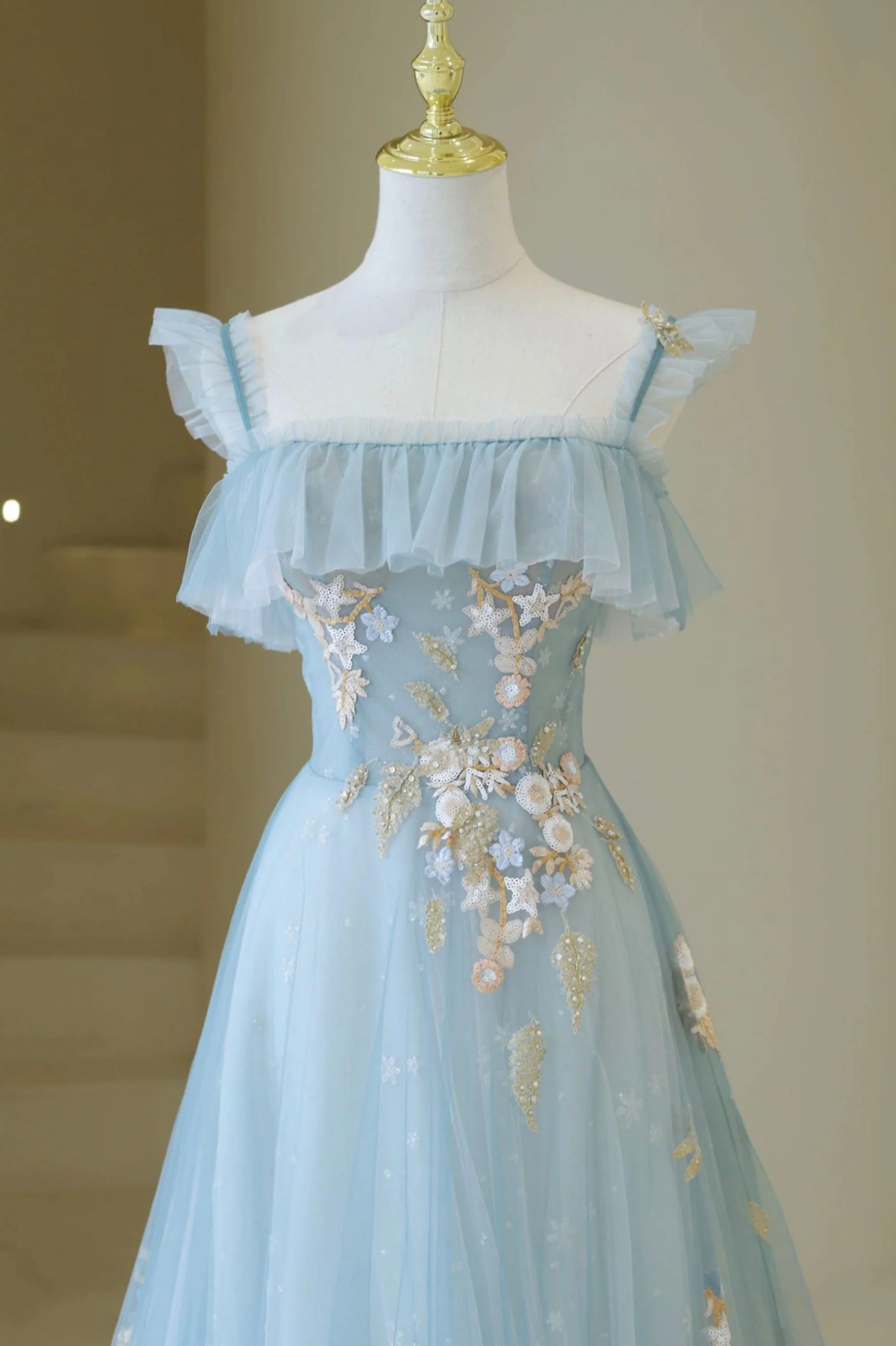 Spaghetti Strap Lace Long Prom Dress, Cute A-Line Graduation Dress