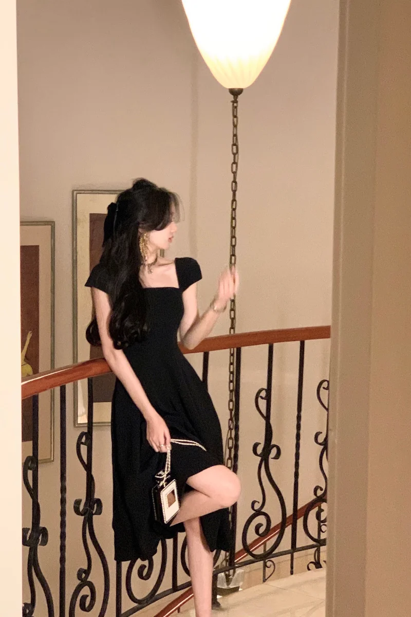 White summer dress women chic elegant square neck evening birthday party midi dress