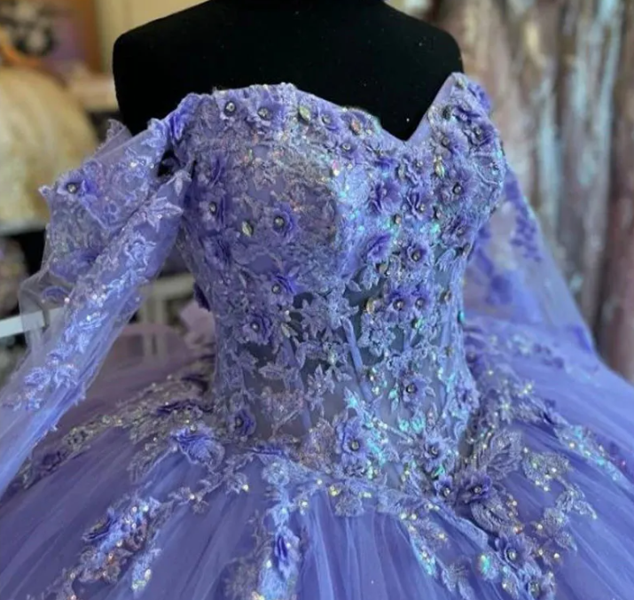 Lilac Quinceanera Dresses Long Sleeve 3D Flowers Appliques Lace-Up Prom Sweet 16 Princess Dresse Vestidos De 15 Anos