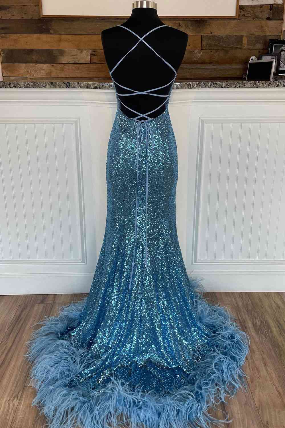 Long Sequined Straps Prom Dress with Feather Hem