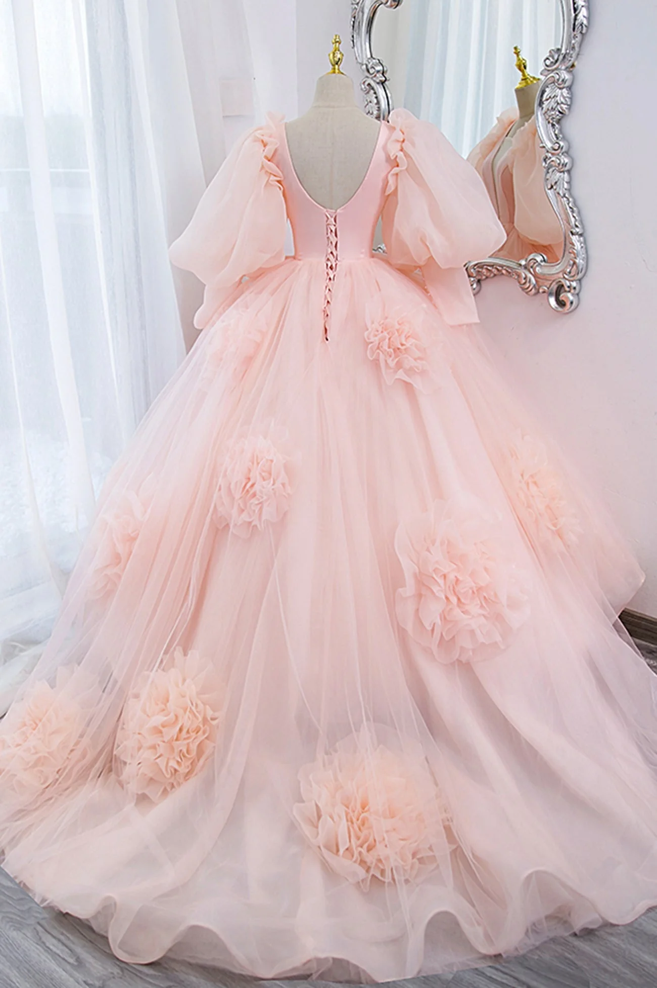 V-Neck Tulle Long Prom Dress, A-Line Puff Sleeve Princess Dress