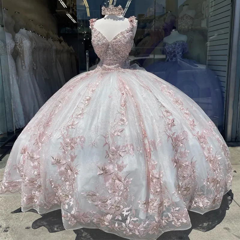 Pink Sexy V-Neck Shiny Quinceanera Dresses Beading 3DFlower Ball Gown Sleeveless Tulle Sweet Princess Vestidos De 15 Girls