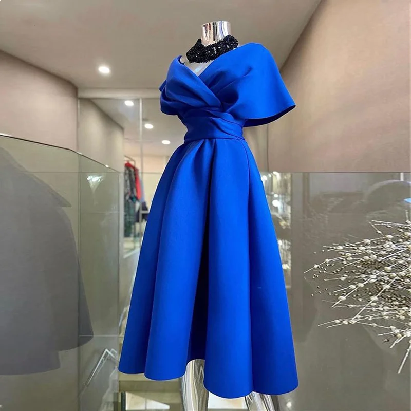 Gorgeous Cocktail Dress for Women Satin Pleated Sexy V Neck Off Shoulder Princess Prom Dresses