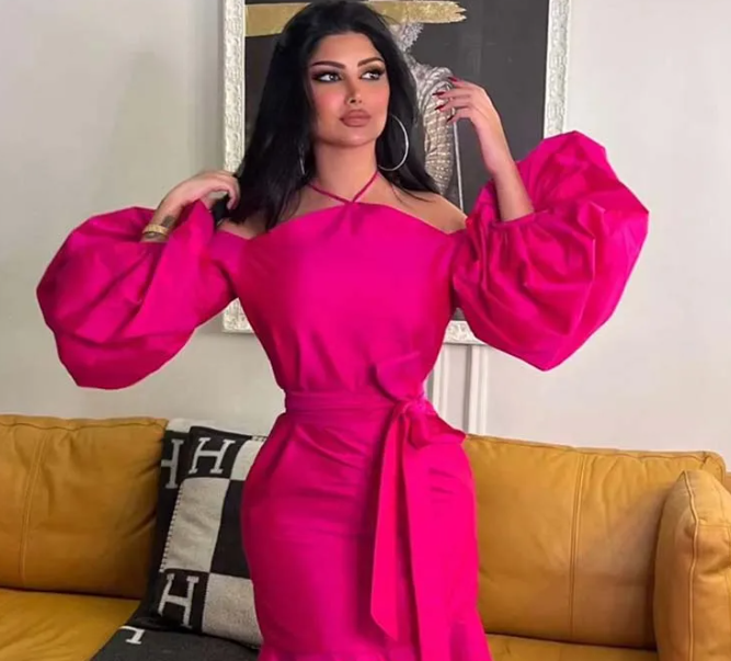 Hot Pink Halter Prom Belt Puff Sleeve Midi Party Dress Elegant Dubai Evening Dresses