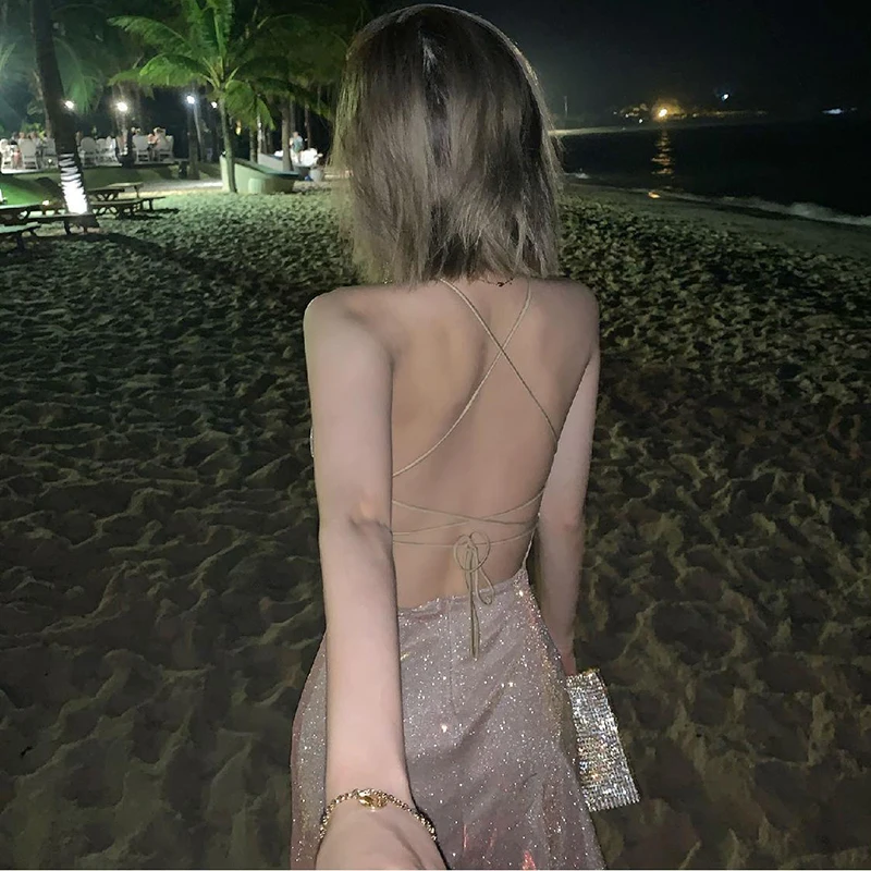Fashion Sequin Dress Women Sexy Backless Spaghetti Strap Dresses Elegant Evening Party Dress