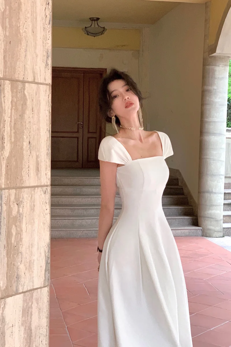 White summer dress women chic elegant square neck evening birthday party midi dress
