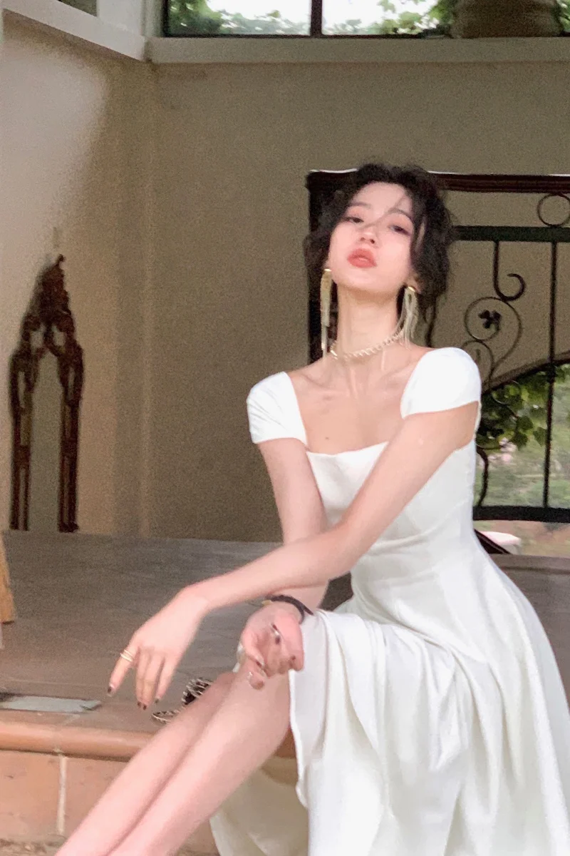 White summer dress women chic elegant square neck evening birthday party midi dress
