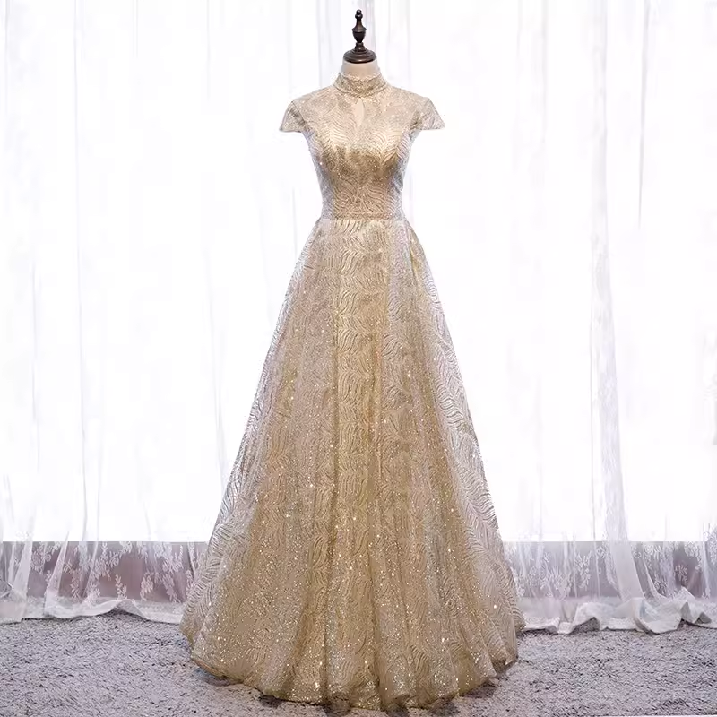 Sparkly A line High Neckline Sequin Gold Long Prom Dresses
