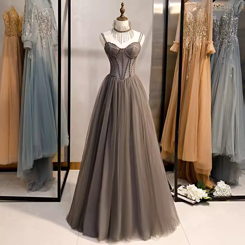 Simple A line Spaghetti Straps Tulle Beads Long Prom Dresses