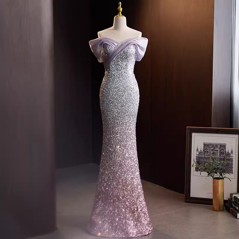 Sparkly Mermaid Off The Shoulder Sequin Lilac Long Prom Dresses