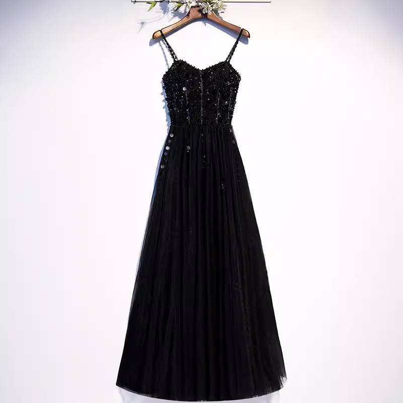 Sparkle A line StrapsTulle Beads Long Black Prom Dresses