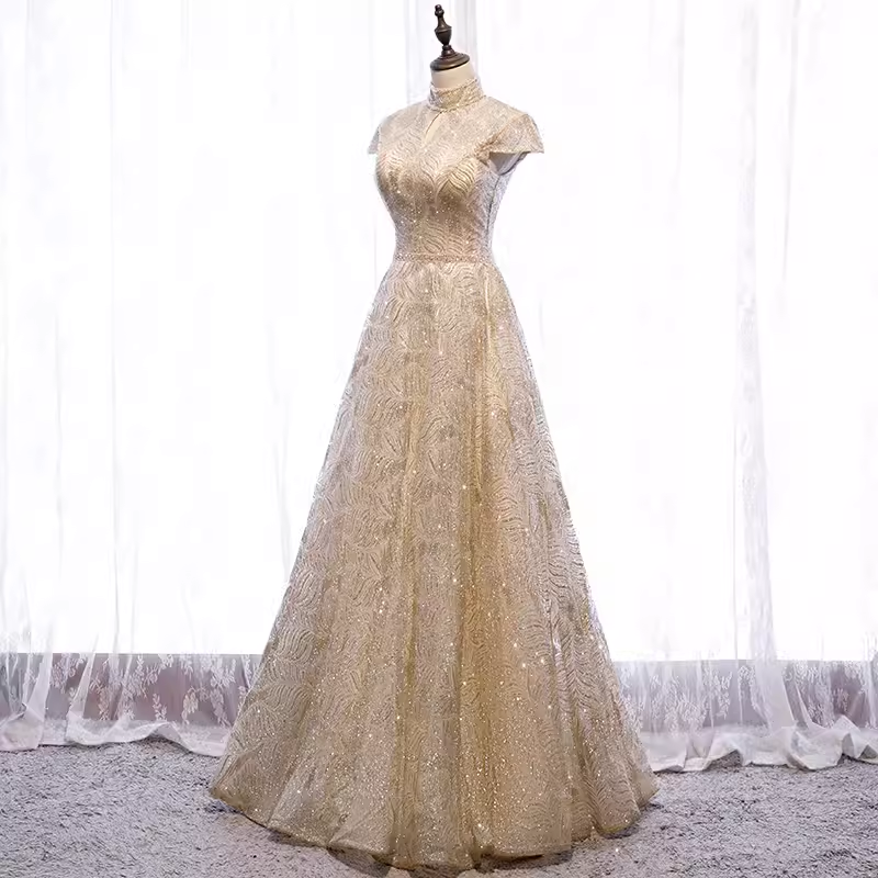 Sparkly A line High Neckline Sequin Gold Long Prom Dresses