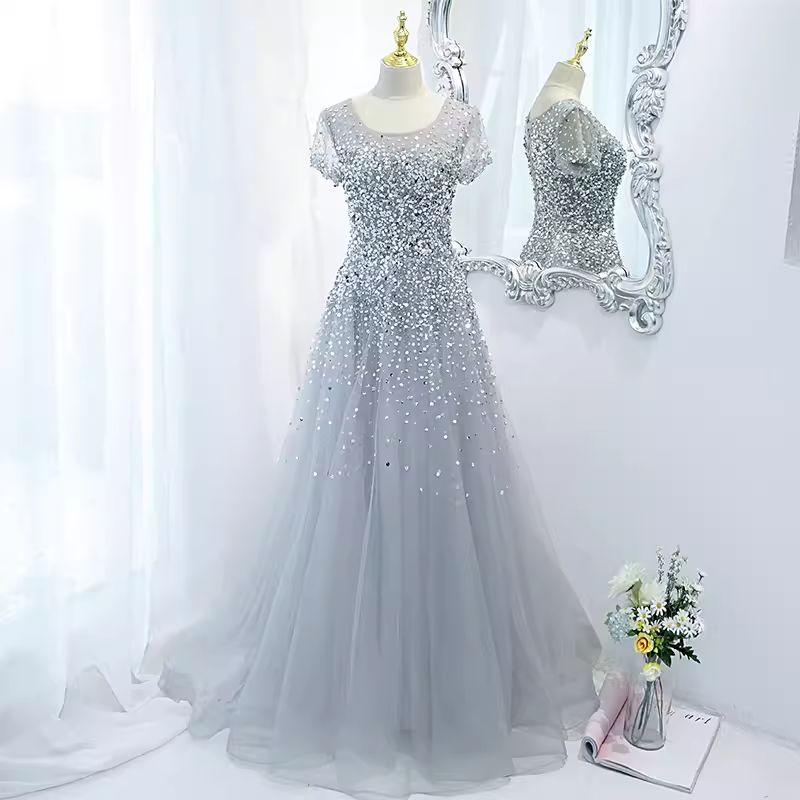 Sparkle A line Scoop Tulle Beads Long Gray Prom Dresses