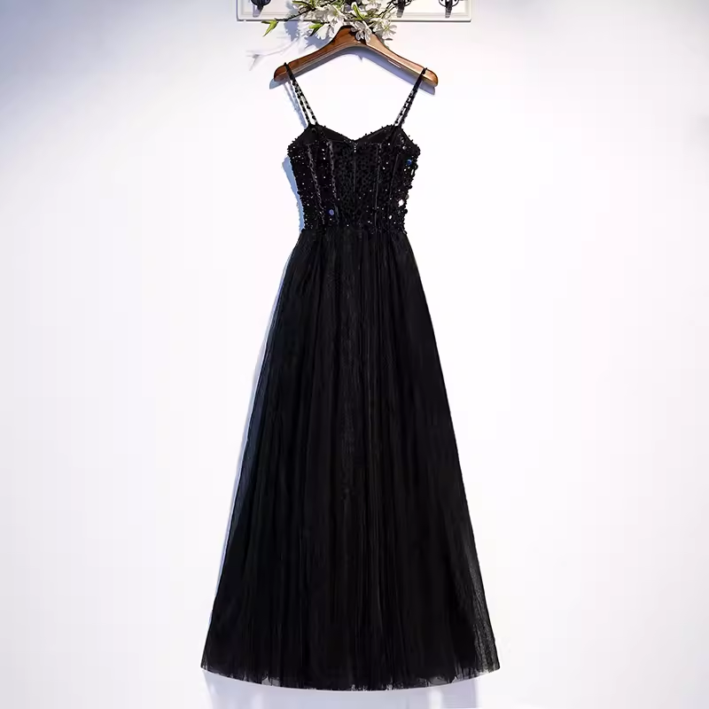 Sparkle A line StrapsTulle Beads Long Black Prom Dresses