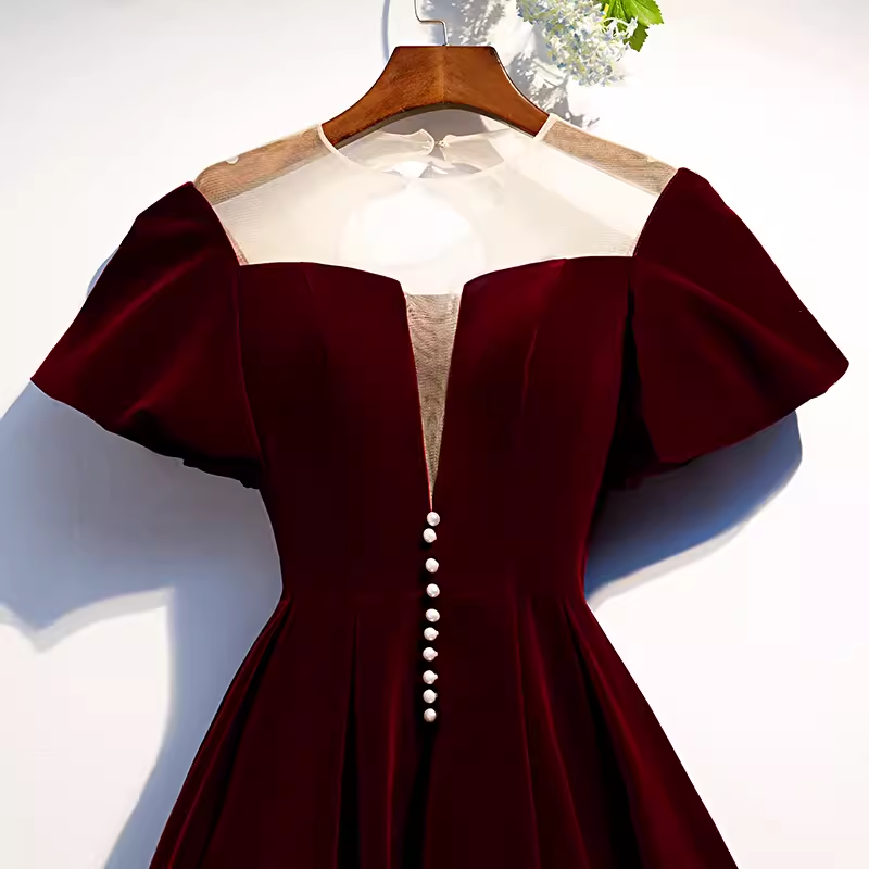 Simple A line Short Sleeves Velvet Red Bridesmaid Dress
