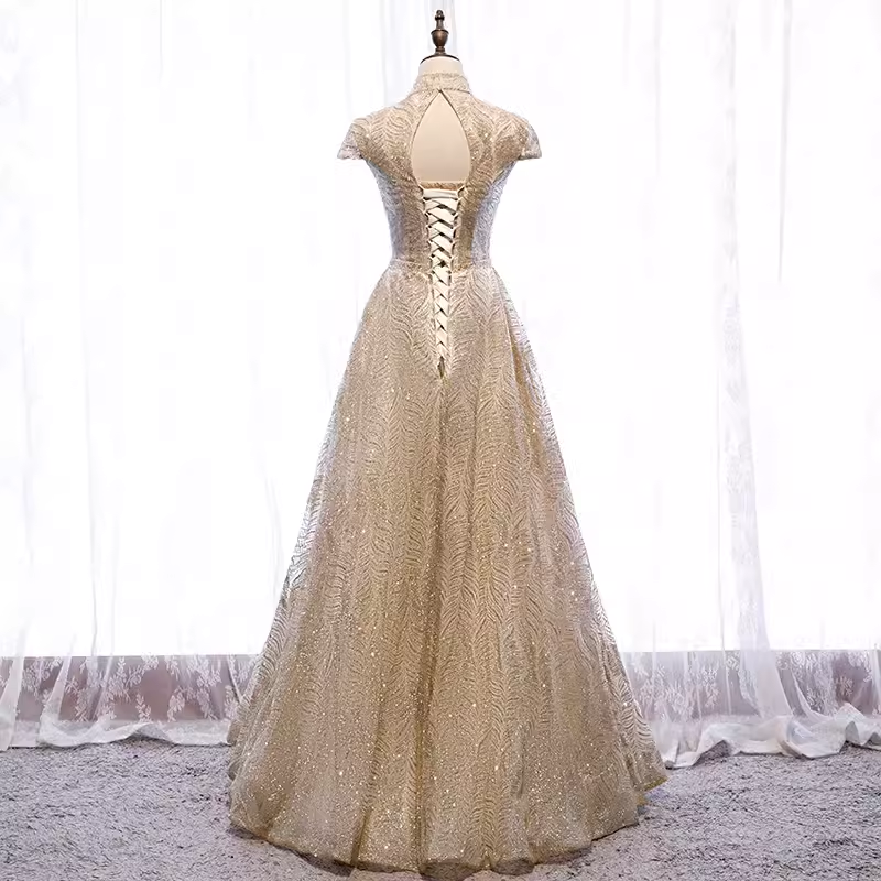 Sparkly A line High Neckline Sequin Gold Long Prom Dresses