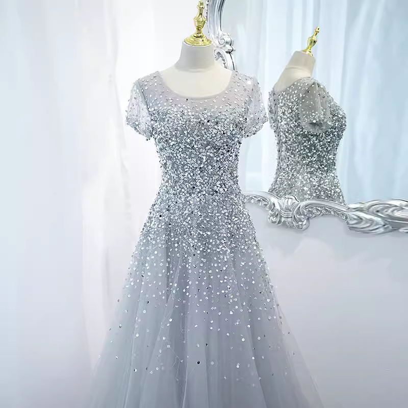 Sparkle A line Scoop Tulle Beads Long Gray Prom Dresses