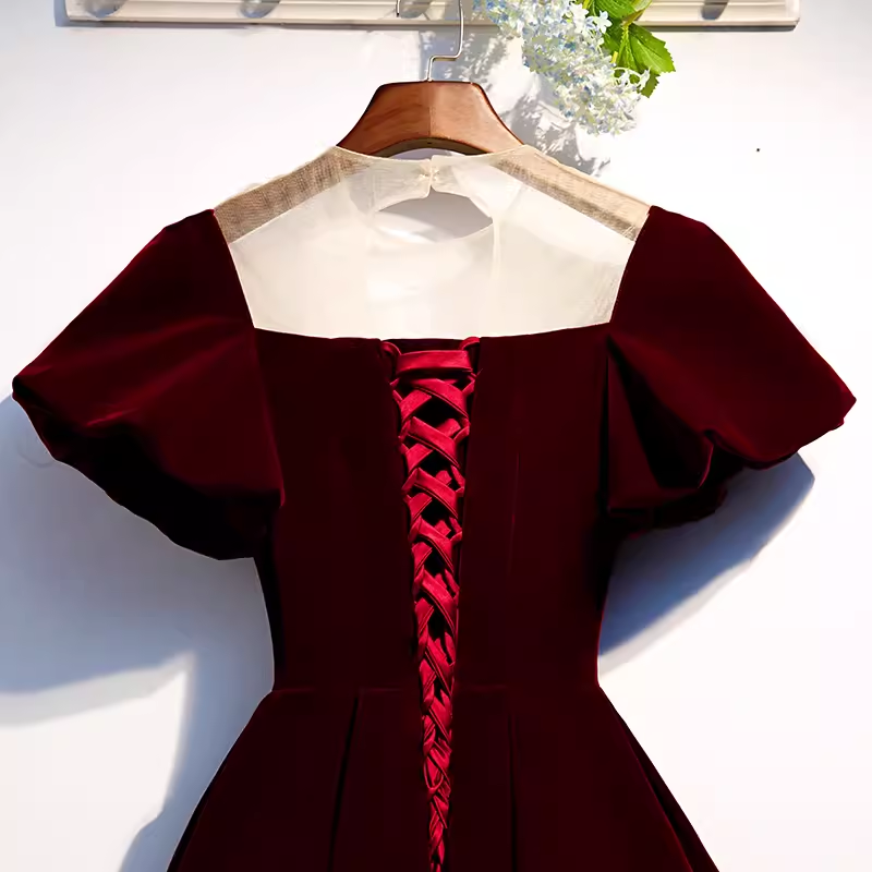 Simple A line Short Sleeves Velvet Red Bridesmaid Dress