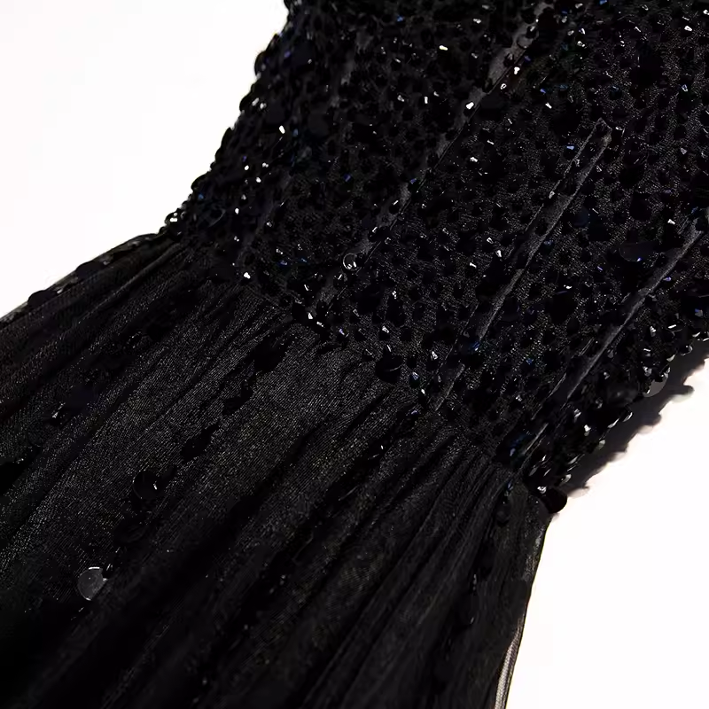 Sparkle A line StrapsTulle Beads Long Black Prom Dresses