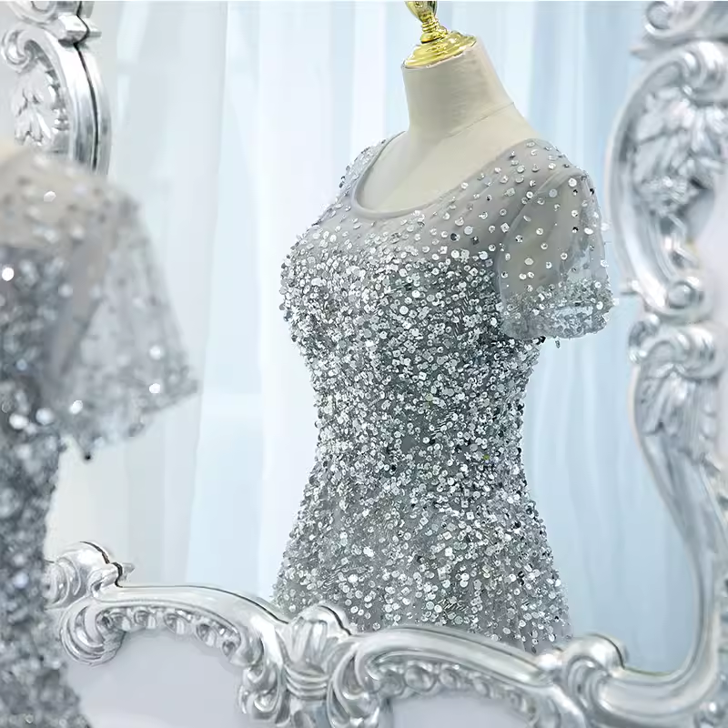 Sparkle A line Scoop Tulle Beads Long Gray Prom Dresses