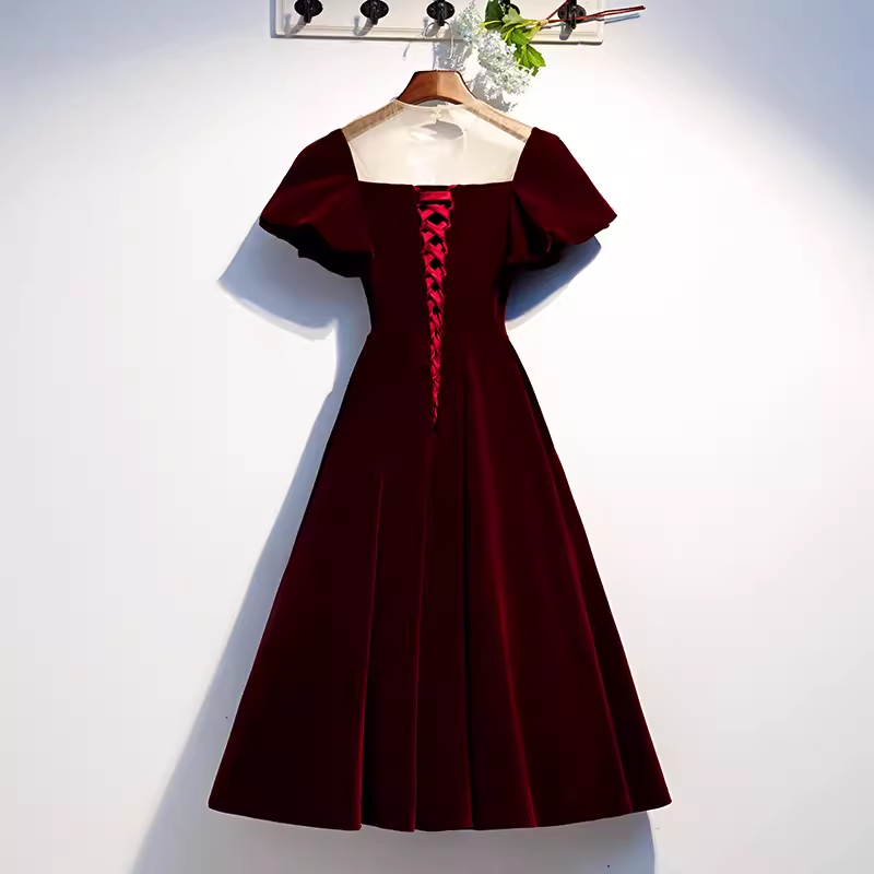 Simple A line Short Sleeves Velvet Red Bridesmaid Dress