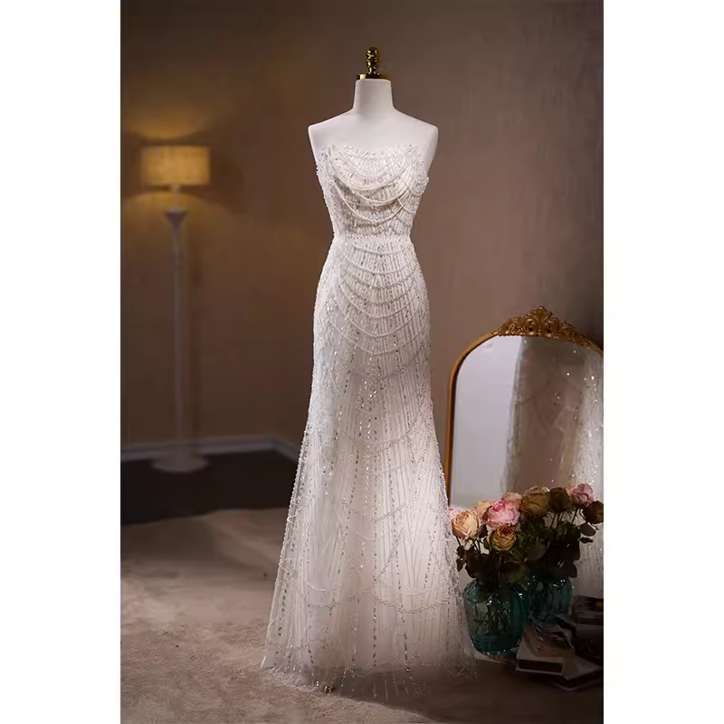 Luxury Mermaid Sweetheart Tulle Sequin White Wedding Dresses With Removable Bownot