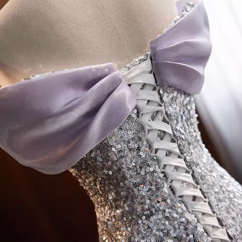 Sparkly Mermaid Off The Shoulder Sequin Lilac Long Prom Dresses