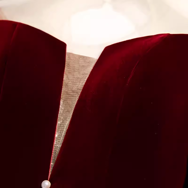 Simple A line Short Sleeves Velvet Red Bridesmaid Dress