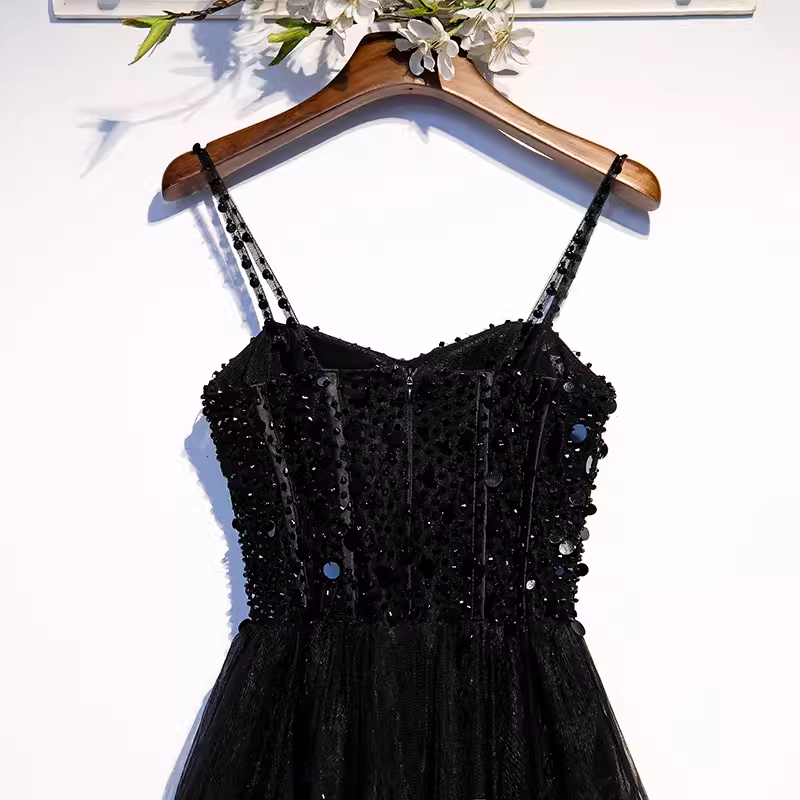 Sparkle A line StrapsTulle Beads Long Black Prom Dresses
