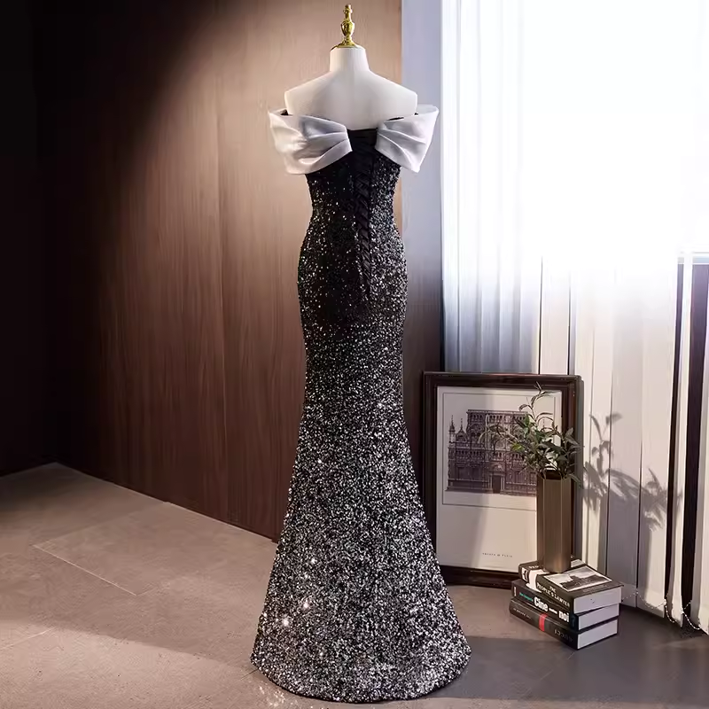 Sparkly Mermaid Off The Shoulder Sequin Black Long Prom Dresses