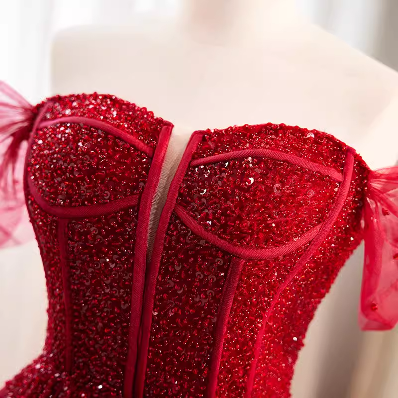 Modest A line Off The Shoulder Tulle Long Red Prom Dress