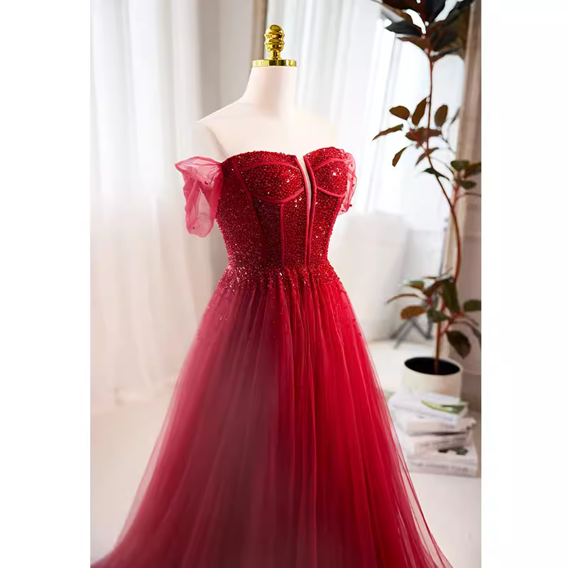 Modest A line Off The Shoulder Tulle Long Red Prom Dress