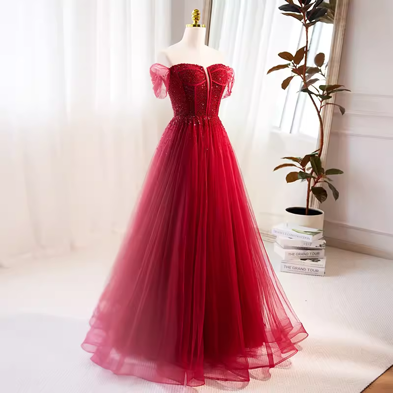 Modest A line Off The Shoulder Tulle Long Red Prom Dress