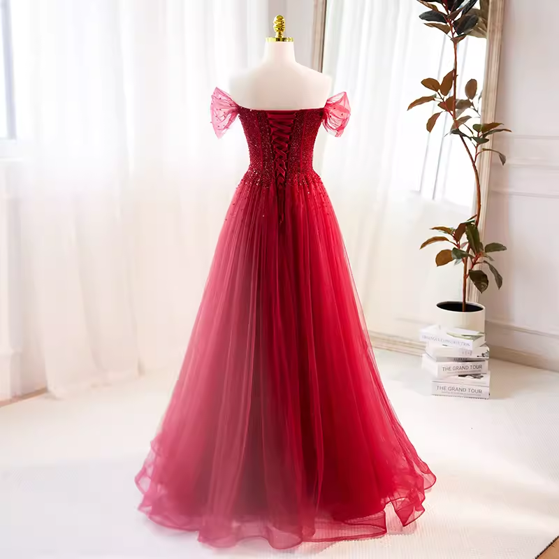 Modest A line Off The Shoulder Tulle Long Red Prom Dress