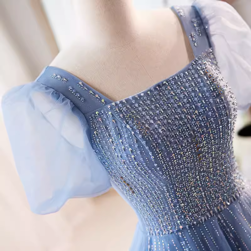 A line Short Sleeves Long Tulle Blue Prom Dress