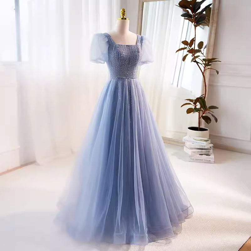 A line Short Sleeves Long Tulle Blue Prom Dress