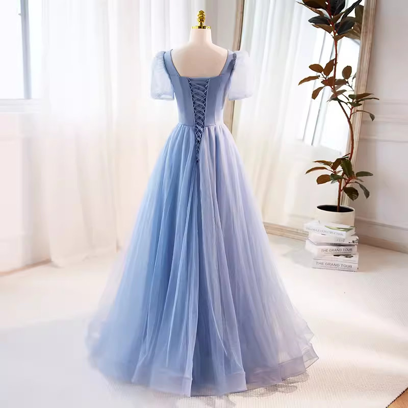 A line Short Sleeves Long Tulle Blue Prom Dress