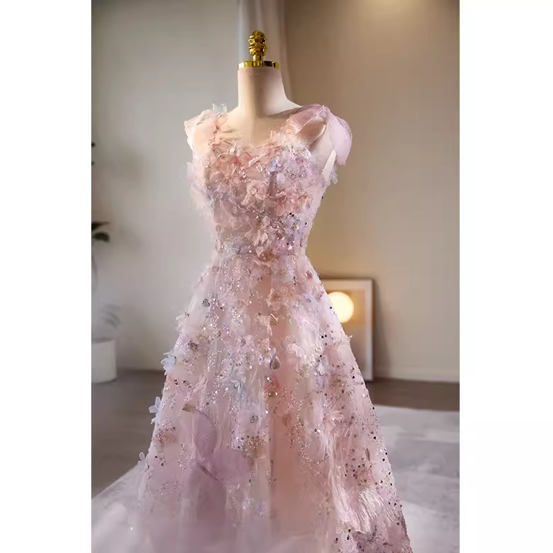 Modest A line Straps Tulle Long Pink Prom Dress