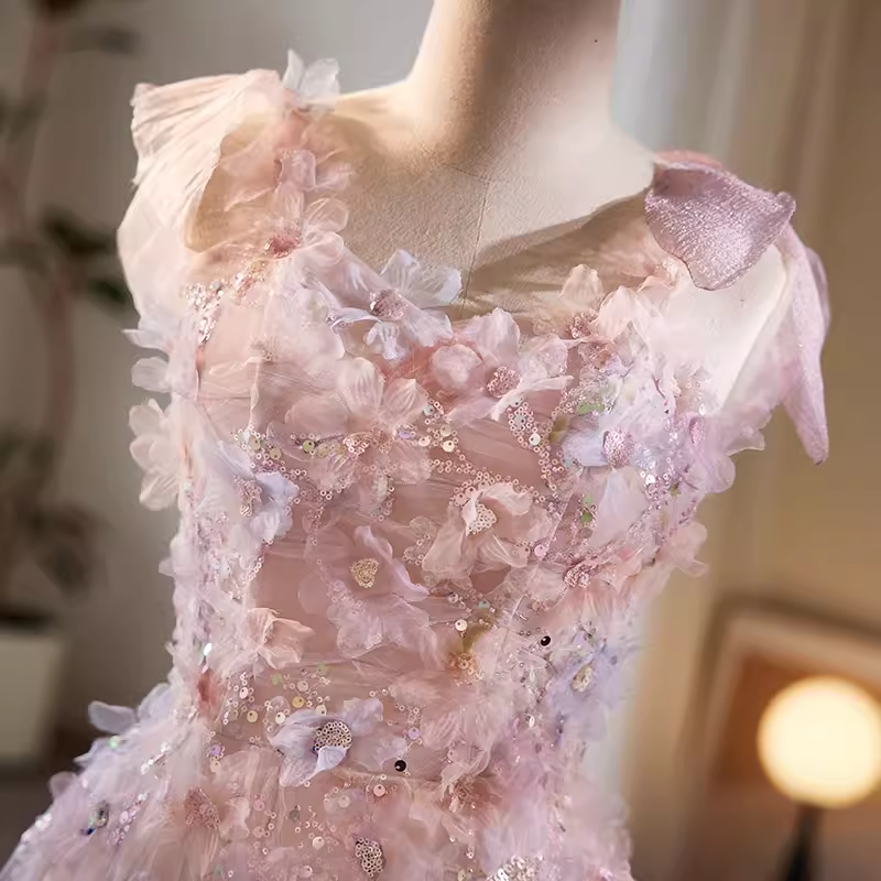 Modest A line Straps Tulle Long Pink Prom Dress